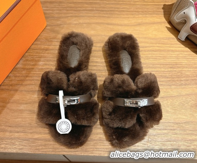 Most Popular Hermes Oran Sandals in Shearling Wool with Kelly Buckle H101617 Dark Brown