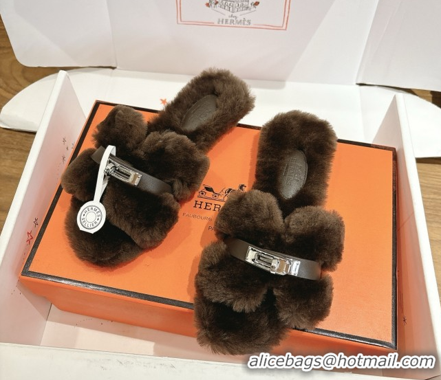 Most Popular Hermes Oran Sandals in Shearling Wool with Kelly Buckle H101617 Dark Brown