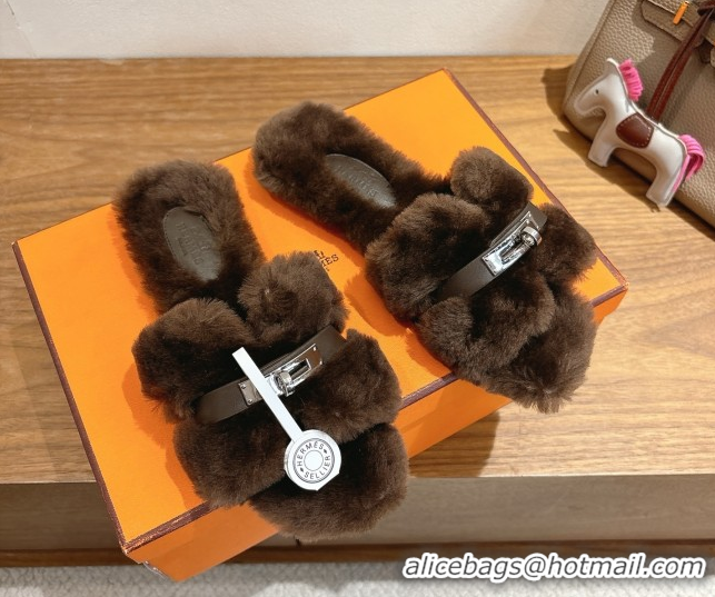 Most Popular Hermes Oran Sandals in Shearling Wool with Kelly Buckle H101617 Dark Brown