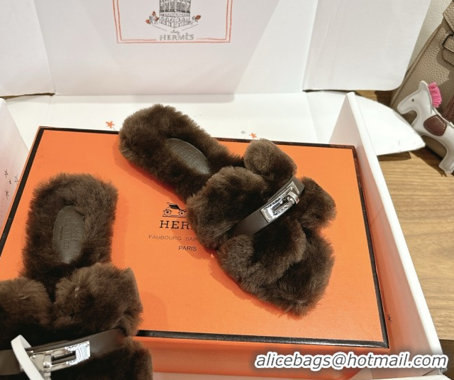 Most Popular Hermes Oran Sandals in Shearling Wool with Kelly Buckle H101617 Dark Brown