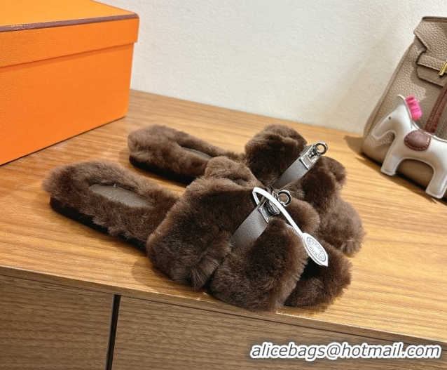 Most Popular Hermes Oran Sandals in Shearling Wool with Kelly Buckle H101617 Dark Brown