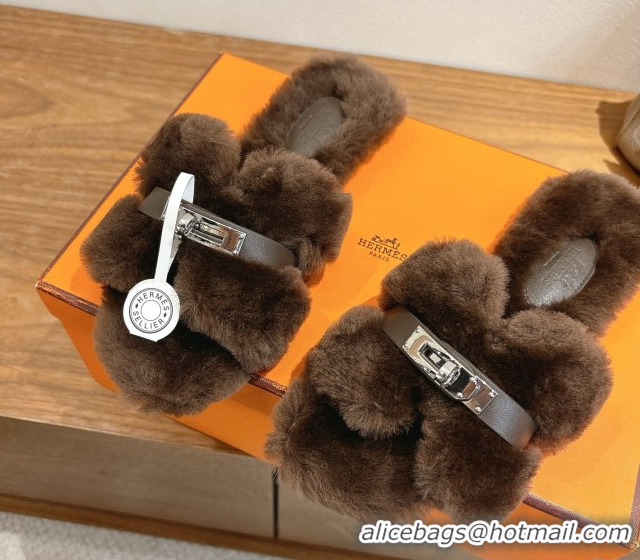 Most Popular Hermes Oran Sandals in Shearling Wool with Kelly Buckle H101617 Dark Brown