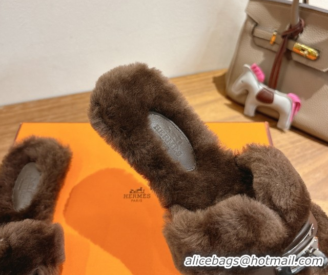 Most Popular Hermes Oran Sandals in Shearling Wool with Kelly Buckle H101617 Dark Brown