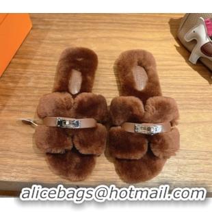 Best Product Hermes Oran Sandals in Shearling Wool with Kelly Buckle H101618 Brown