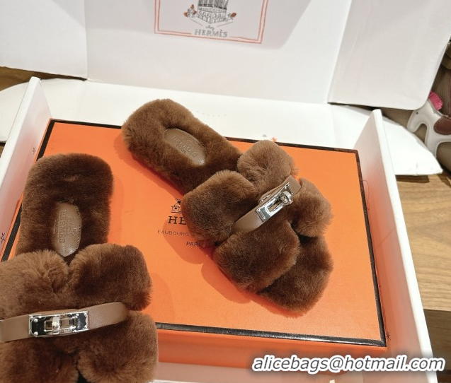 Best Product Hermes Oran Sandals in Shearling Wool with Kelly Buckle H101618 Brown