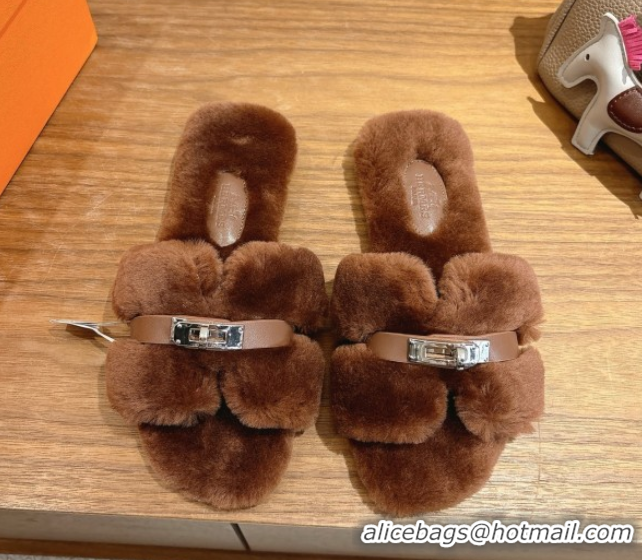 Best Product Hermes Oran Sandals in Shearling Wool with Kelly Buckle H101618 Brown