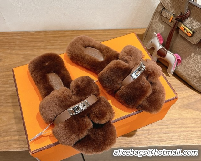 Best Product Hermes Oran Sandals in Shearling Wool with Kelly Buckle H101618 Brown