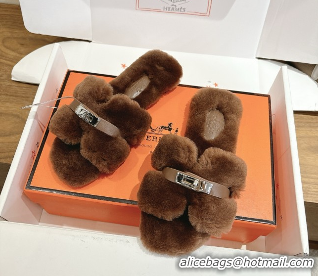 Best Product Hermes Oran Sandals in Shearling Wool with Kelly Buckle H101618 Brown