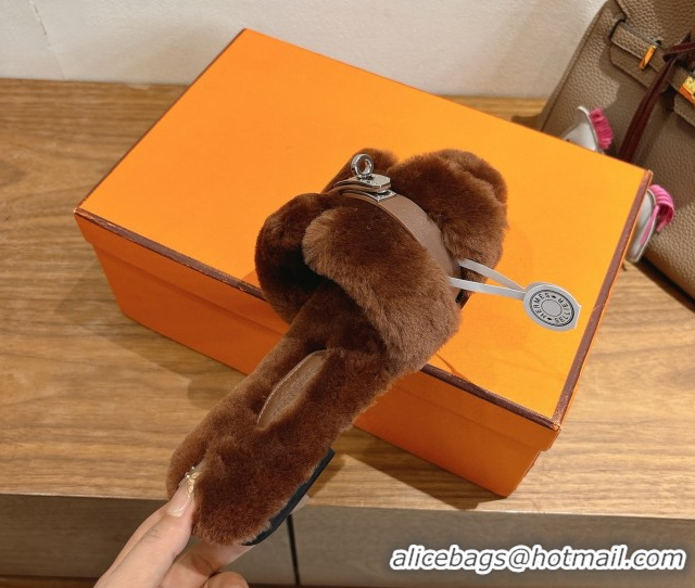 Best Product Hermes Oran Sandals in Shearling Wool with Kelly Buckle H101618 Brown