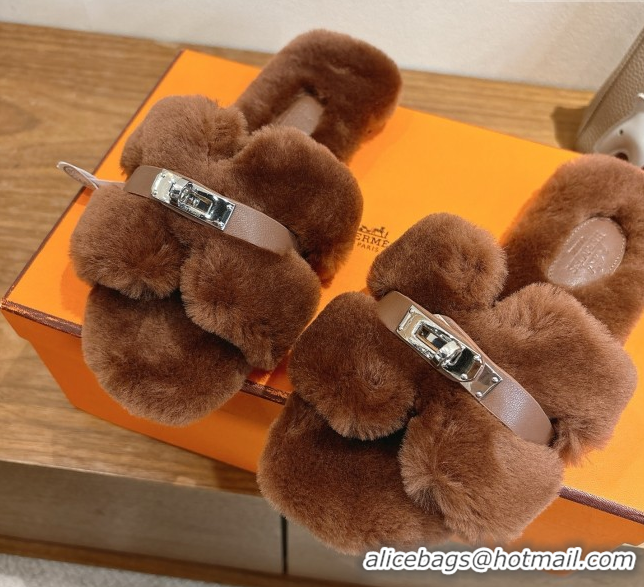 Best Product Hermes Oran Sandals in Shearling Wool with Kelly Buckle H101618 Brown