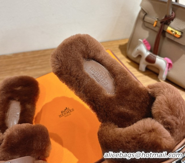 Best Product Hermes Oran Sandals in Shearling Wool with Kelly Buckle H101618 Brown