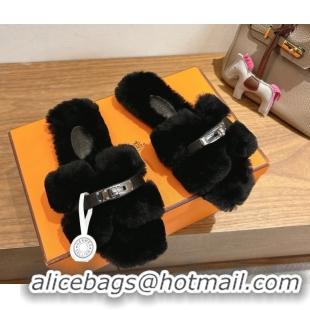 Pretty Style Hermes Oran Sandals in Shearling Wool with Kelly Buckle H101619 Black