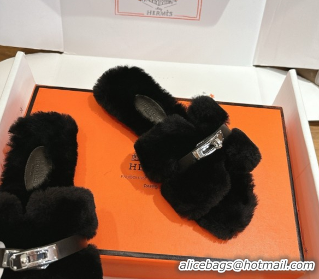 Pretty Style Hermes Oran Sandals in Shearling Wool with Kelly Buckle H101619 Black