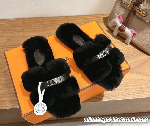 Pretty Style Hermes Oran Sandals in Shearling Wool with Kelly Buckle H101619 Black