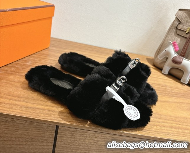 Pretty Style Hermes Oran Sandals in Shearling Wool with Kelly Buckle H101619 Black