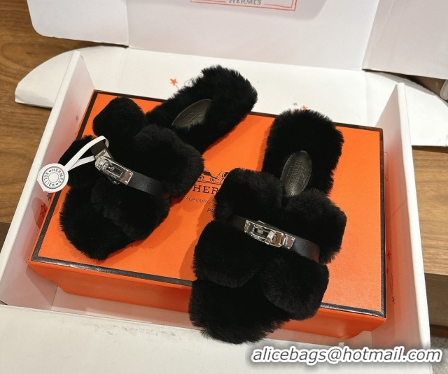 Pretty Style Hermes Oran Sandals in Shearling Wool with Kelly Buckle H101619 Black