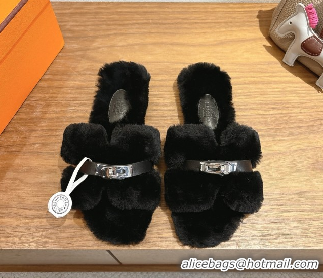 Pretty Style Hermes Oran Sandals in Shearling Wool with Kelly Buckle H101619 Black