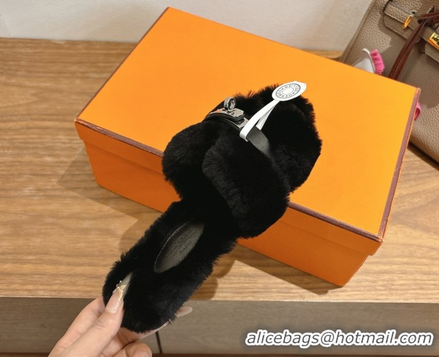 Pretty Style Hermes Oran Sandals in Shearling Wool with Kelly Buckle H101619 Black