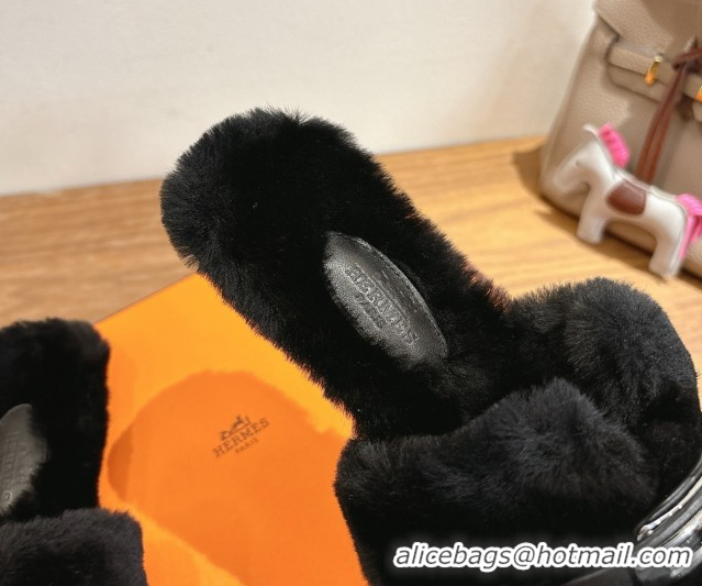 Pretty Style Hermes Oran Sandals in Shearling Wool with Kelly Buckle H101619 Black