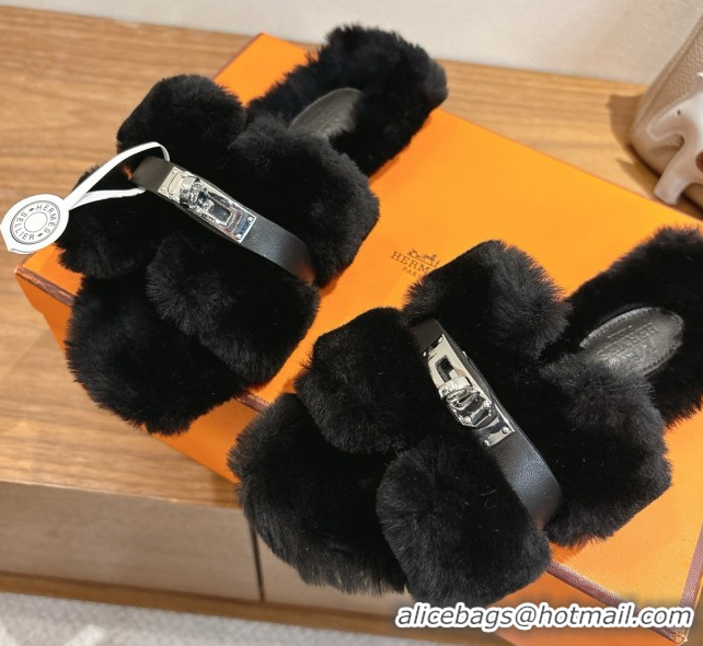 Pretty Style Hermes Oran Sandals in Shearling Wool with Kelly Buckle H101619 Black