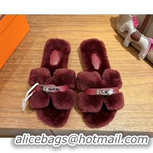 Charming Hermes Oran Sandals in Shearling Wool with Kelly Buckle H101620 Burgundy