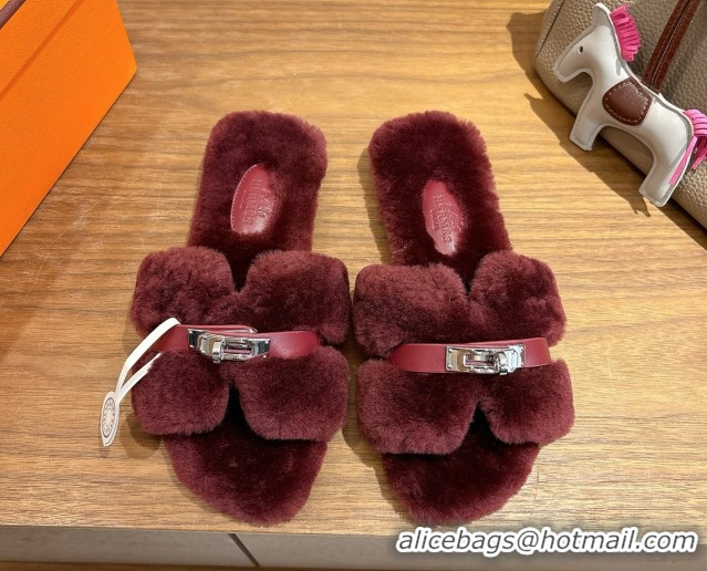 Charming Hermes Oran Sandals in Shearling Wool with Kelly Buckle H101620 Burgundy