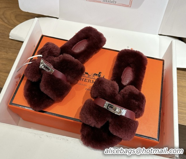 Charming Hermes Oran Sandals in Shearling Wool with Kelly Buckle H101620 Burgundy