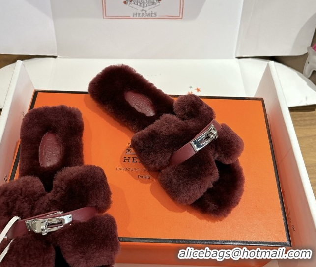Charming Hermes Oran Sandals in Shearling Wool with Kelly Buckle H101620 Burgundy
