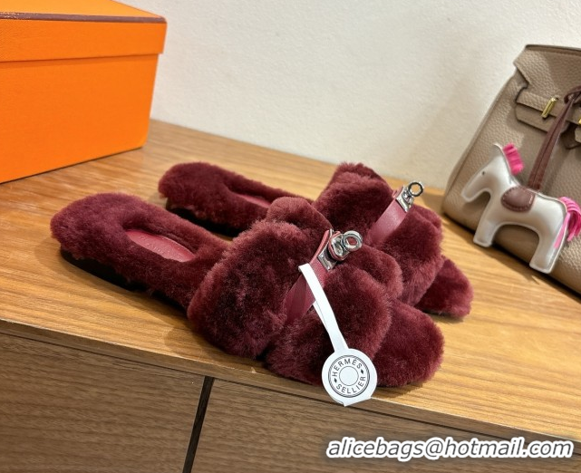 Charming Hermes Oran Sandals in Shearling Wool with Kelly Buckle H101620 Burgundy