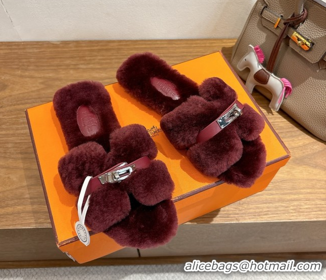 Charming Hermes Oran Sandals in Shearling Wool with Kelly Buckle H101620 Burgundy