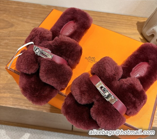 Charming Hermes Oran Sandals in Shearling Wool with Kelly Buckle H101620 Burgundy