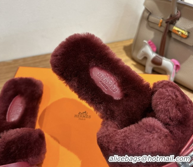 Charming Hermes Oran Sandals in Shearling Wool with Kelly Buckle H101620 Burgundy