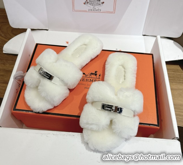 Good Looking Hermes Oran Sandals in Shearling Wool with Kelly Buckle H101621 White