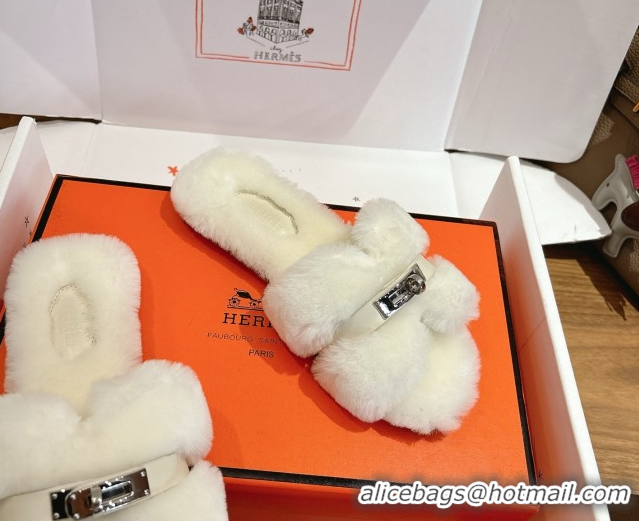 Good Looking Hermes Oran Sandals in Shearling Wool with Kelly Buckle H101621 White