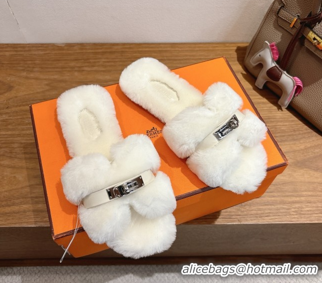 Good Looking Hermes Oran Sandals in Shearling Wool with Kelly Buckle H101621 White