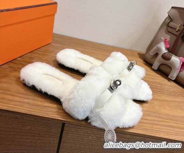 Good Looking Hermes Oran Sandals in Shearling Wool with Kelly Buckle H101621 White