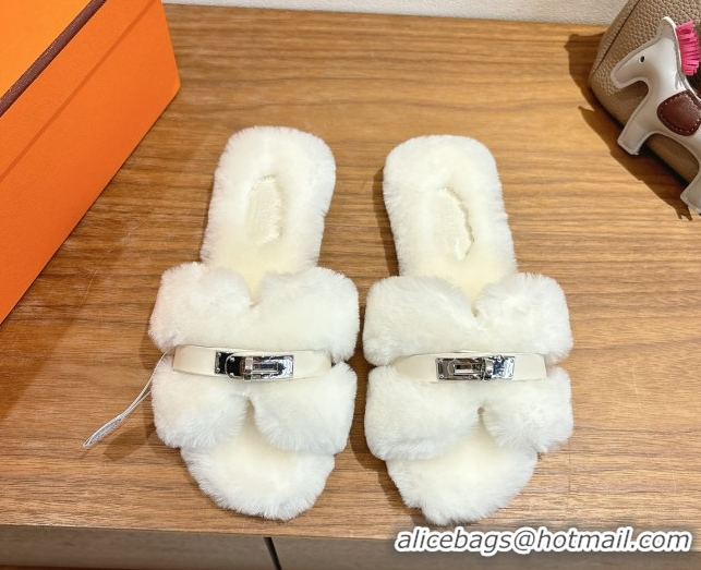 Good Looking Hermes Oran Sandals in Shearling Wool with Kelly Buckle H101621 White