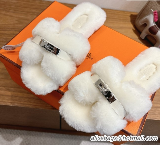 Good Looking Hermes Oran Sandals in Shearling Wool with Kelly Buckle H101621 White