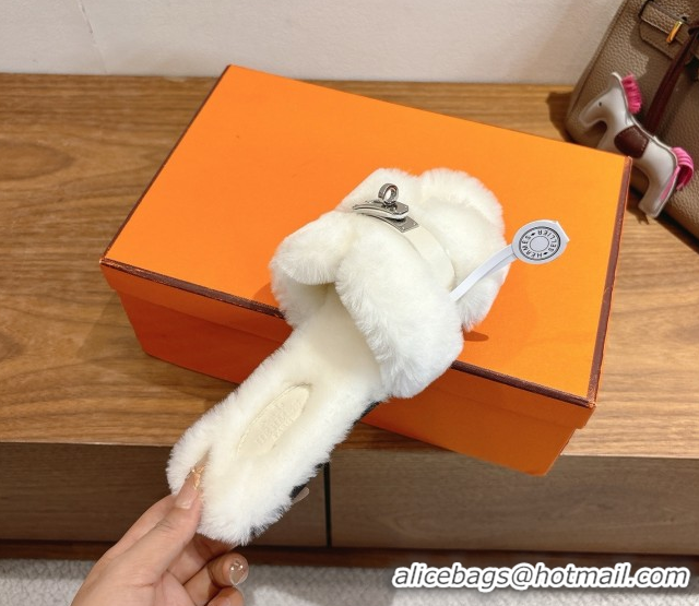 Good Looking Hermes Oran Sandals in Shearling Wool with Kelly Buckle H101621 White