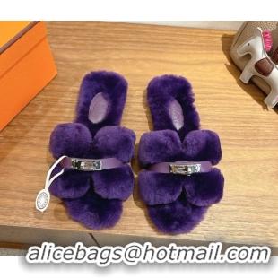 Good Product Hermes Oran Sandals in Shearling Wool with Kelly Buckle H101622 Purple