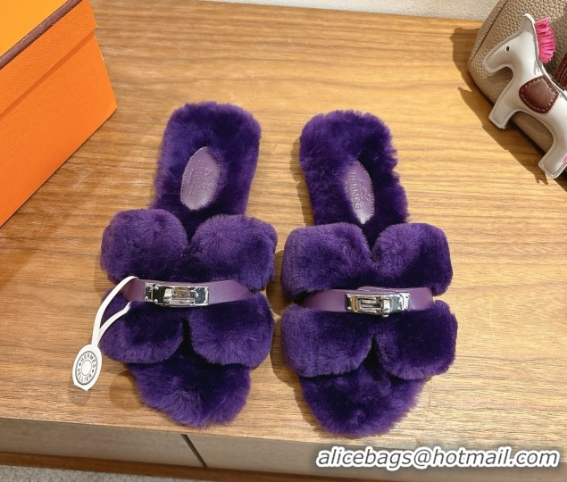Good Product Hermes Oran Sandals in Shearling Wool with Kelly Buckle H101622 Purple