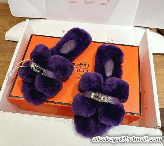 Good Product Hermes Oran Sandals in Shearling Wool with Kelly Buckle H101622 Purple