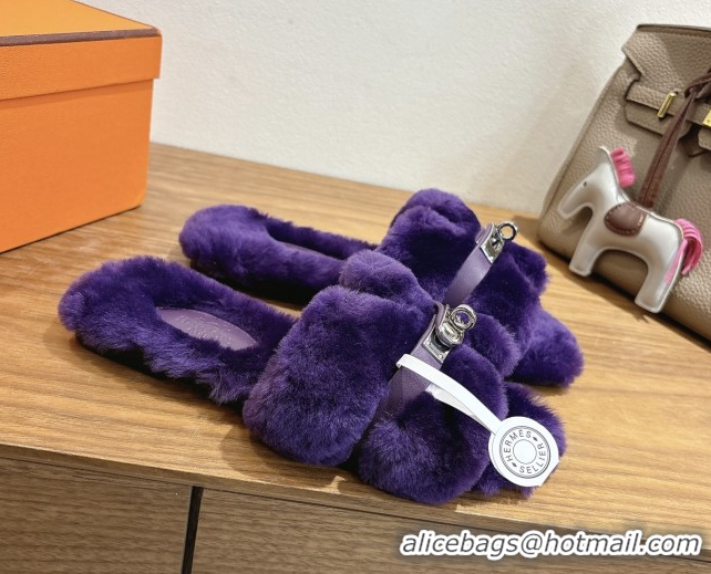 Good Product Hermes Oran Sandals in Shearling Wool with Kelly Buckle H101622 Purple