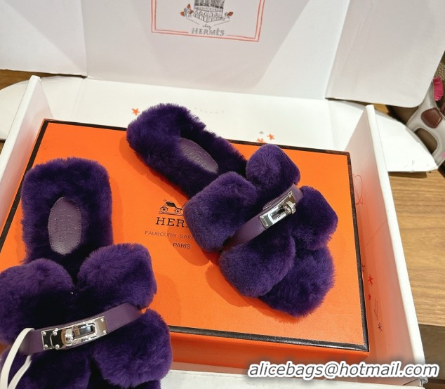 Good Product Hermes Oran Sandals in Shearling Wool with Kelly Buckle H101622 Purple