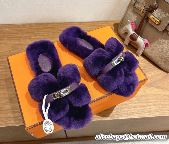 Good Product Hermes Oran Sandals in Shearling Wool with Kelly Buckle H101622 Purple