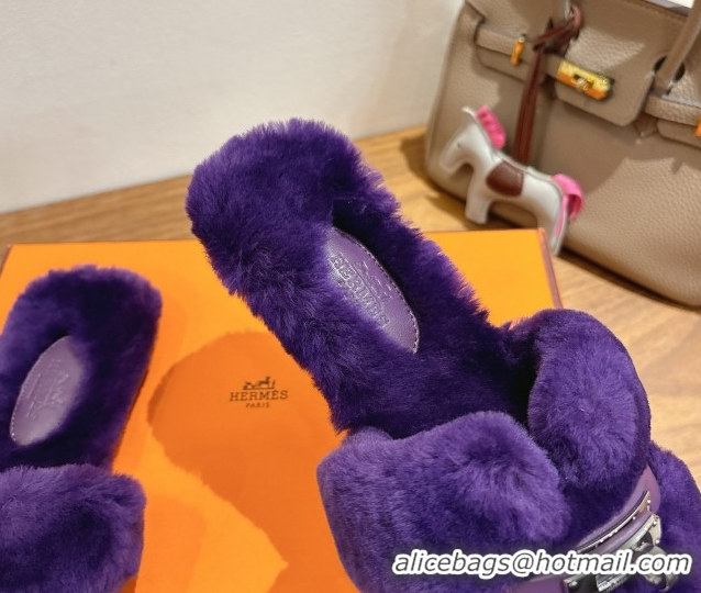 Good Product Hermes Oran Sandals in Shearling Wool with Kelly Buckle H101622 Purple