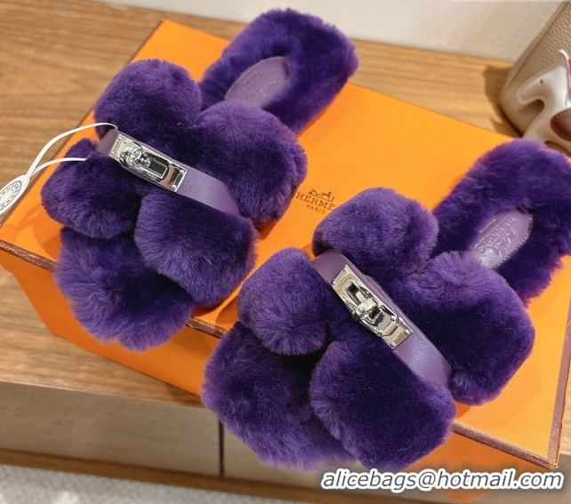 Good Product Hermes Oran Sandals in Shearling Wool with Kelly Buckle H101622 Purple