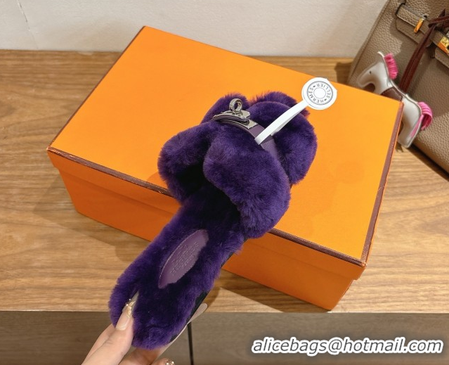 Good Product Hermes Oran Sandals in Shearling Wool with Kelly Buckle H101622 Purple