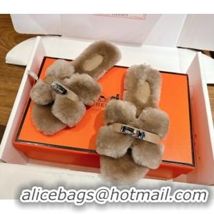 Popular Style Hermes Oran Sandals in Shearling Wool with Kelly Buckle H101623 Khaki