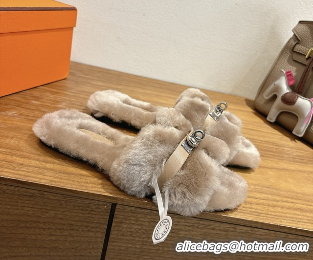 Popular Style Hermes Oran Sandals in Shearling Wool with Kelly Buckle H101623 Khaki